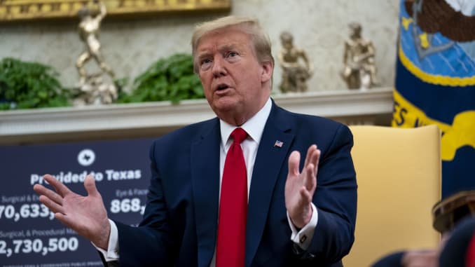 U.S. President Donald Trump speaks during a meeting with Greg Abbott, governor of Texas, not pictured, at the White House in Washington, D.C., U.S., on Thursday, May 7, 2020.