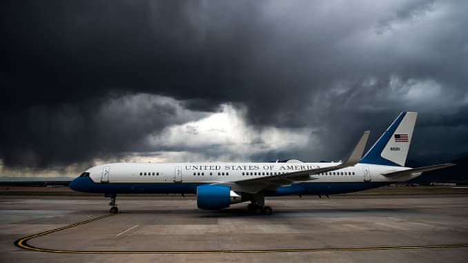 Air Force Two sits on the tarmac at Peterson Air Force Base after Vice President Mike Pence delivered an address at the Air Force Academy graduation on April 18, 2020 in Colorado Springs, Colorado.