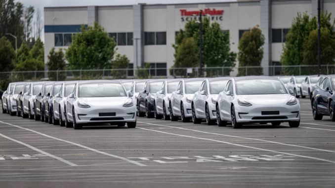 Tesla Inc. vehicles are parked at the company's assembly plant in Fremont, California, U.S., on Monday, May 11, 2020.