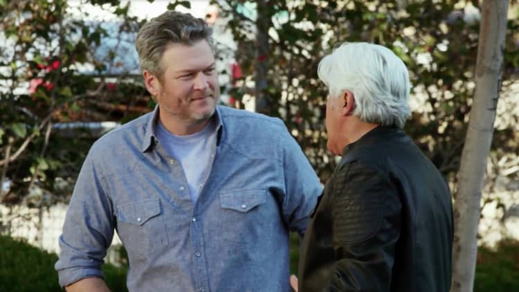 Jay Leno and Blake Shelton go for a spin in a vintage pick-up truck