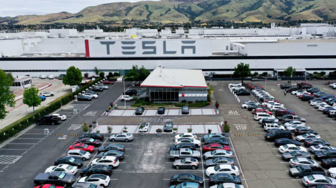 An aerial view of the Tesla Fremont Factory on May 13, 2020 in Fremont, California.