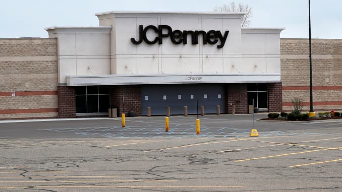An empty parking lot is shown at a closed JC Penney store in Roseville, Mich., May 8, 2020.