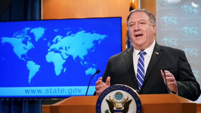 U.S. Secretary of State Mike Pompeo speaks about the coronavirus disease (COVID-19) during a media briefing at the State Department in Washington, May 6, 2020.
