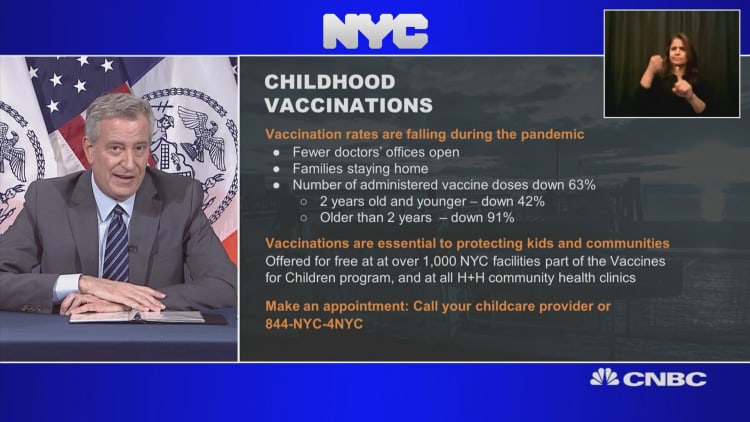 New York City mayor de Blasio says number of kids getting vaccinated is down more than 60%