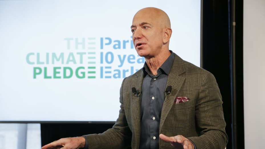 Amazon CEO Jeff Bezos announces the co-founding of The Climate Pledge at the National Press Club on September 19, 2019, in Washington.