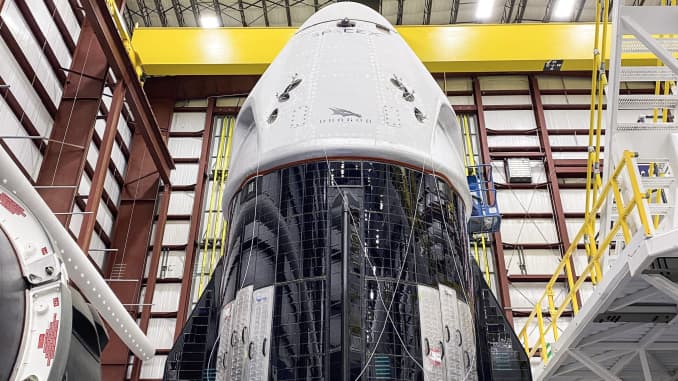 The SpaceX Crew Dragon spacecraft for Demo-2 inside the company's hangar at NASA's Kennedy Space Center.