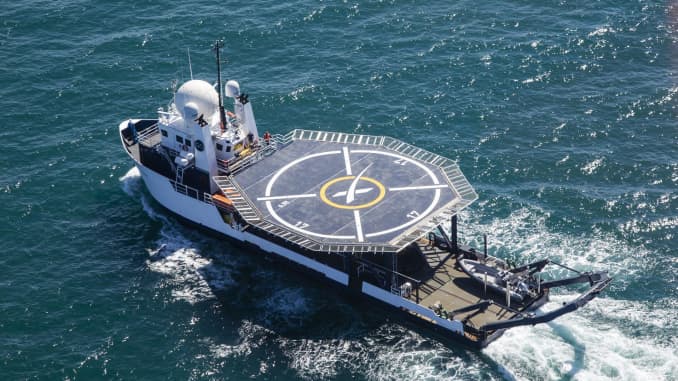 SpaceX recovery boat GO Searcher, which will pick up the Crew Dragon spacecraft after splash down.