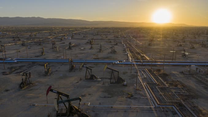 An aerial view shows pumpjacks in the South Belridge Oil Field on April 24, 2020 near McKittrick, California.