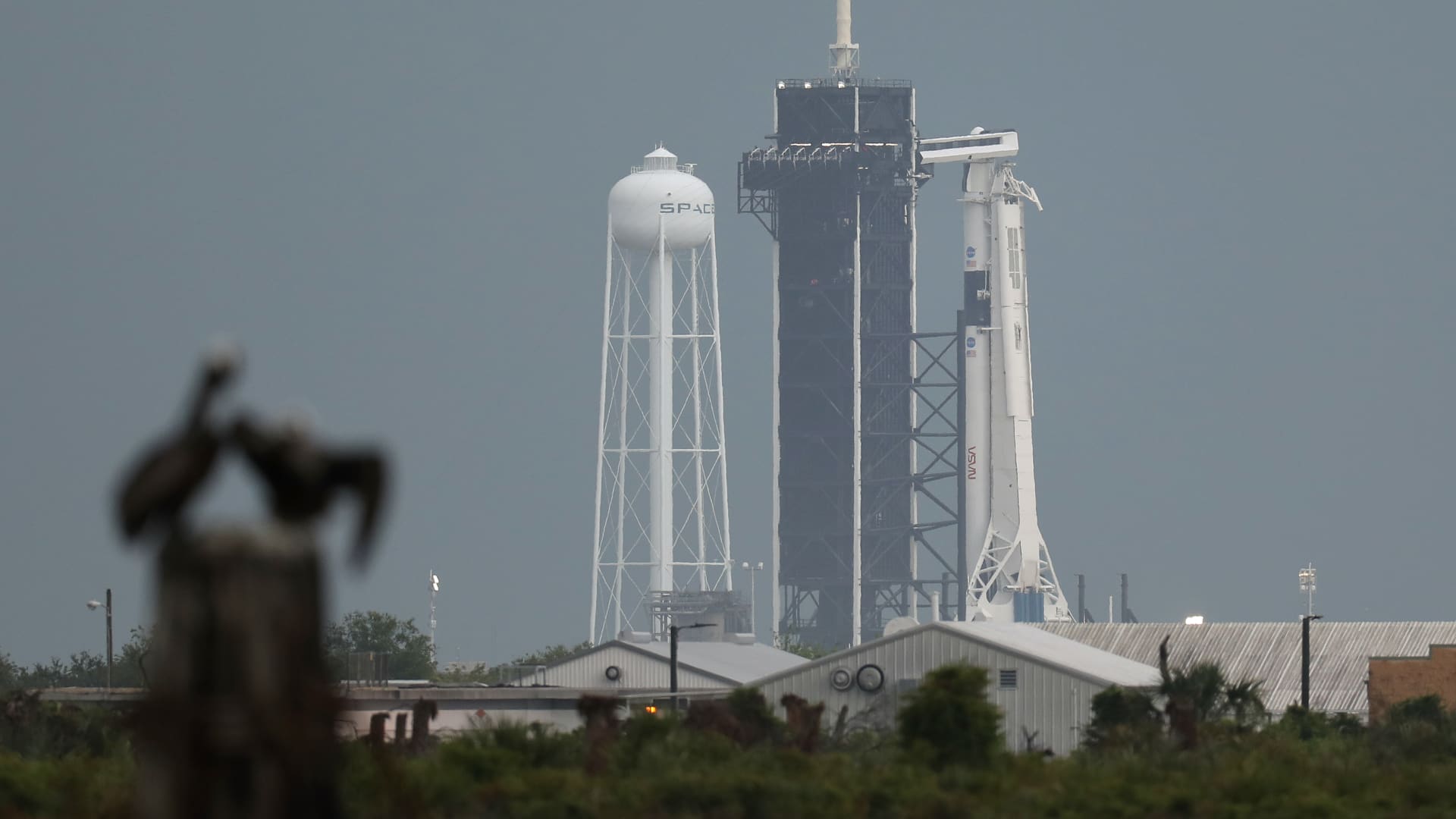 The SpaceX Falcon 9 rocket with the Crew Dragon spacecraft attached sits on launch pad 39A at the Kennedy Space Center on May 27, 2020 in Cape Canaveral, Florida.