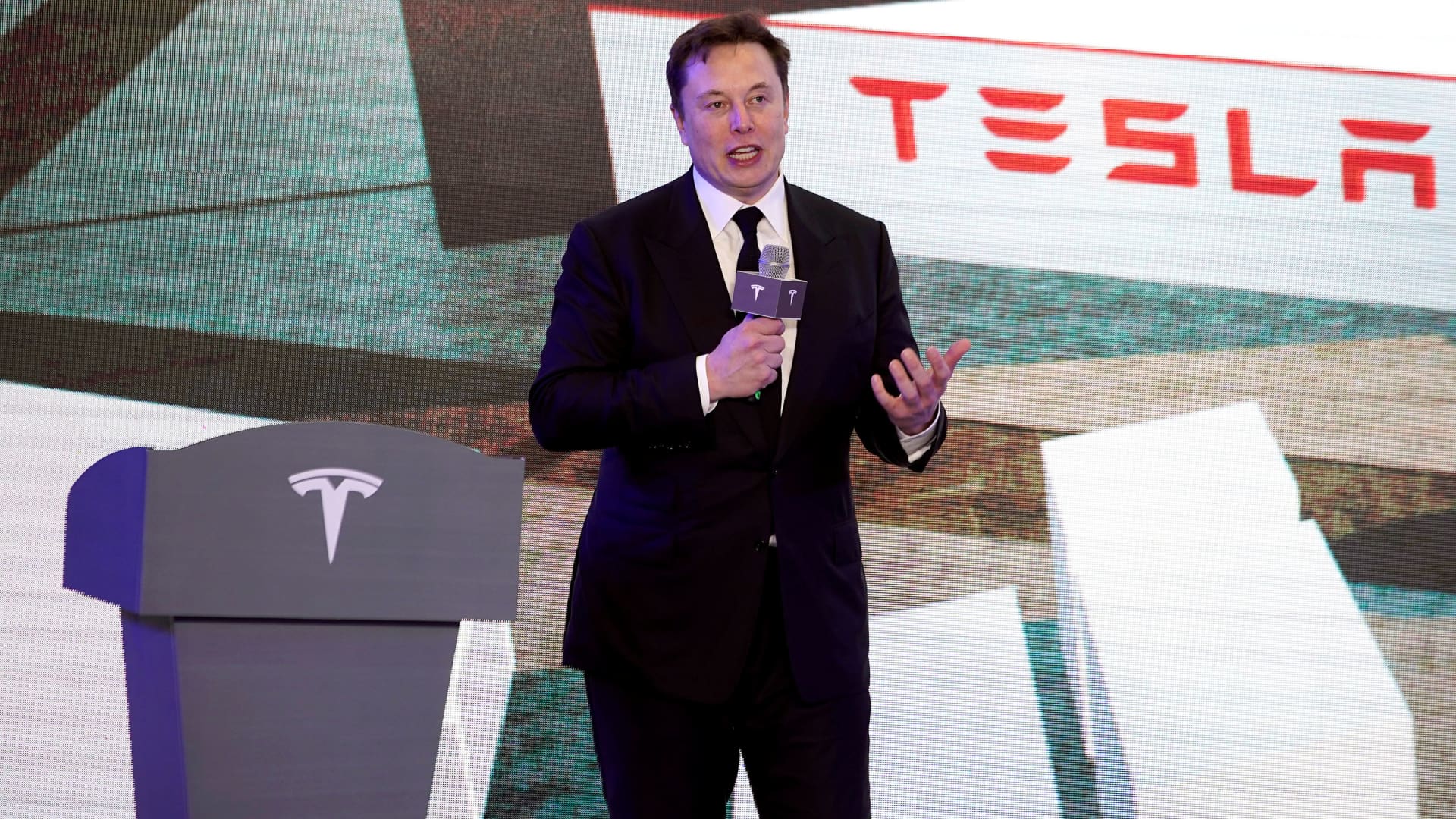Tesla CEO Elon Musk speaks at an opening ceremony for Tesla China-made Model Y program in Shanghai on Jan. 7.