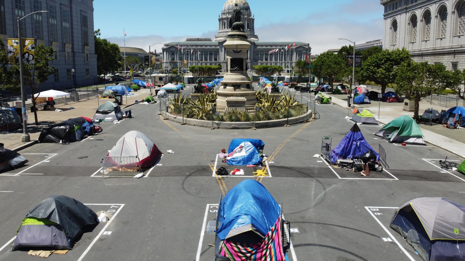A temporary sanctioned tent encampment for the homeless across from the City Hall in San Francisco on May 28, 2020.
