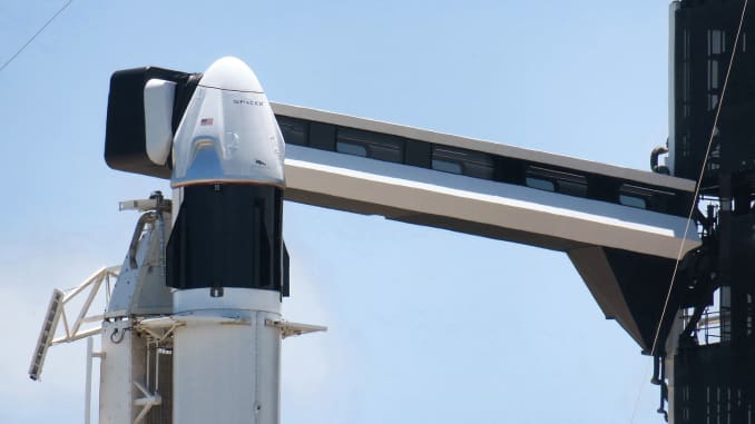 The Crew Dragon capsule sits on top of the SpaceX Falcon 9 rocket at Launch Complex 39-A at Kennedy Space Center, Fla., Friday, May 29, 2020.