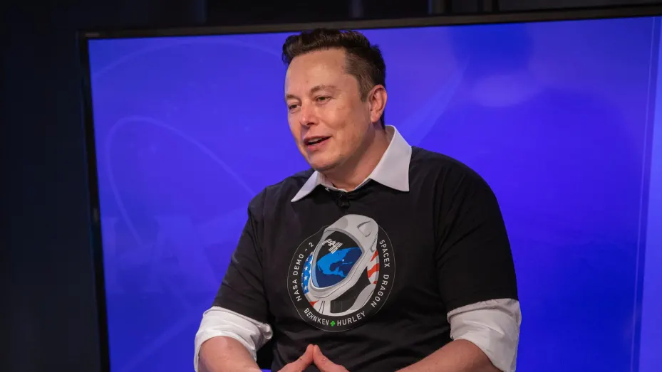 SpaceX CEO Elon Musk participates in a postlaunch news conference inside the Press Site auditorium at NASA's Kennedy Space Center in Florida on May 30, 2020, following the launch of the agency's SpaceX Demo-2 mission to the International Space Station.