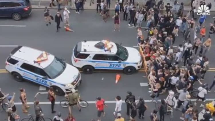 NYC Mayor Bill de Blasio condemns police officers who drove through crowd of protesters