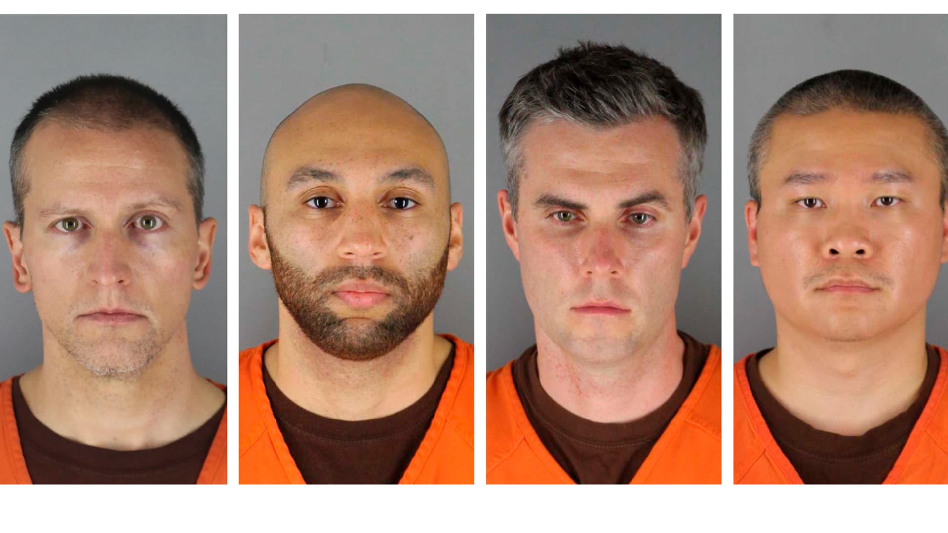 This combination of photos provided by the Hennepin County Sheriff's Office in Minnesota on Wednesday, June 3, 2020, shows Derek Chauvin, from left, J. Alexander Kueng, Thomas Lane and Tou Thao. Chauvin is charged with second-degree murder of George Floyd, a black man who died after being restrained by him and the other Minneapolis police officers on May 25. Kueng, Lane and Thao have been charged with aiding and abetting Chauvin.