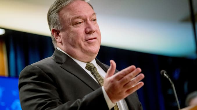 Secretary of State Mike Pompeo speaks during a news conference at the State Department in Washington, DC, June 10, 2020.