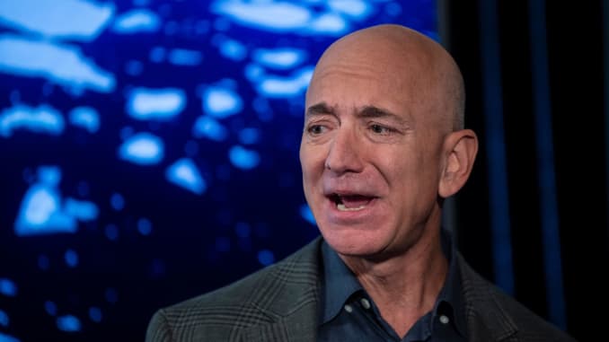 Amazon Founder and CEO Jeff Bezos speaks to the media on the company's sustainability efforts in Washington on September 19, 2019.