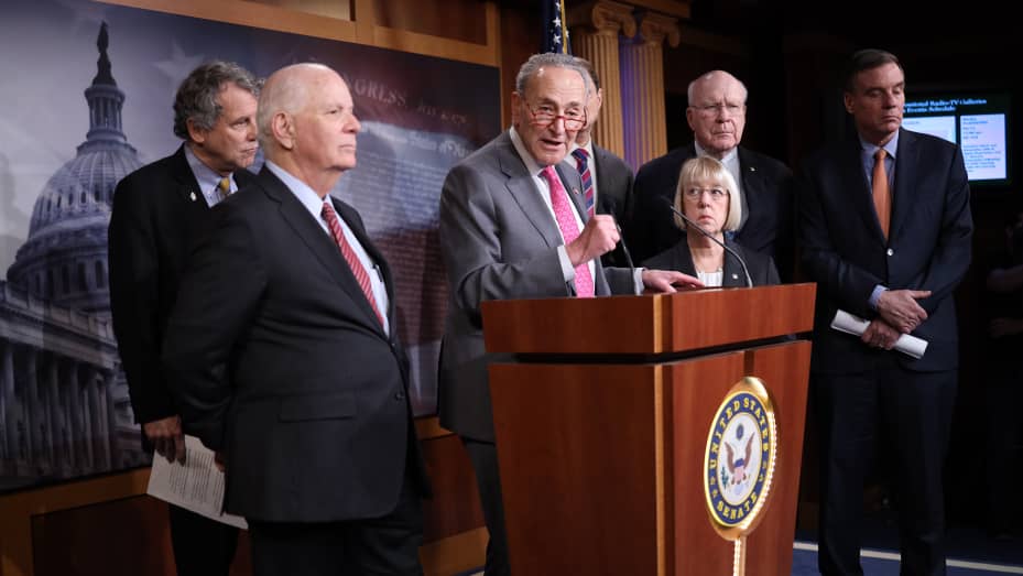 Senate Minority Leader Chuck Schumer (D-NY) speaks during a press conference on the coronavirus outbreak at the U.S. Capitol March 11, 2020 in Washington, DC. Schumer and other members of the Democratic caucus called for corporations and employers to offe