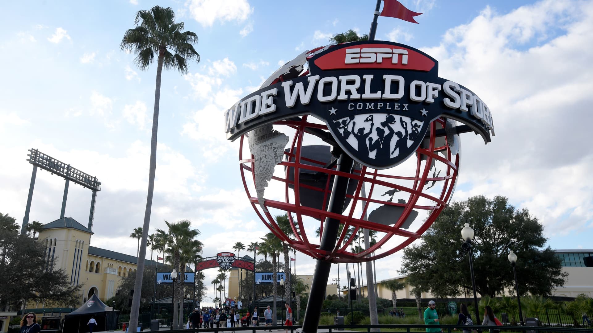 A globe stands at the entrance to the ESPN Wide World of Sports complex in Lake Buena Vista, Fla.