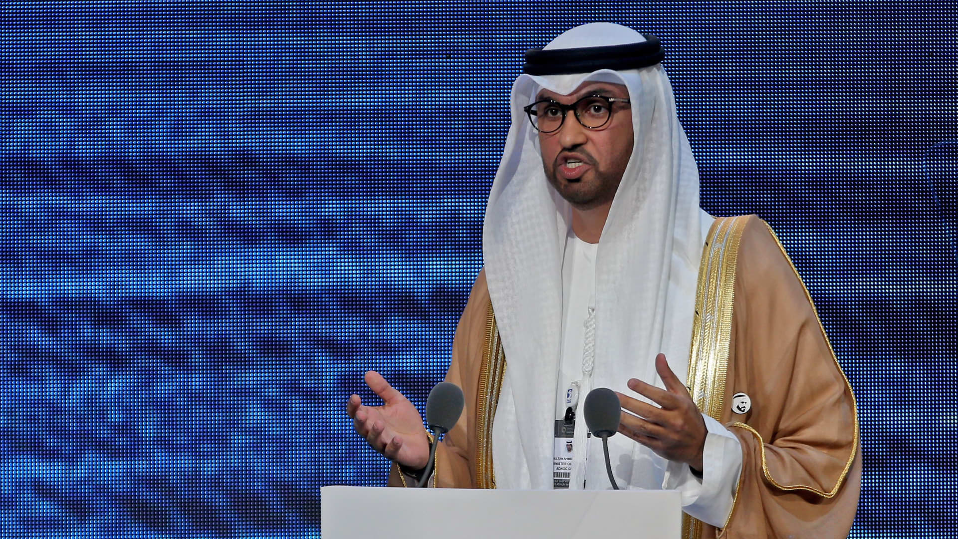 UAE's Minister of State and CEO of the Abu Dhabi National Oil Company Sultan al-Jaber speaks during the opening ceremony of the Abu Dhabi International Petroleum Exhibition and Conference in Abu Dhabi on November 11, 2019.