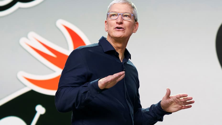 Apple CEO Tim Cook delivers the keynote address during the 2020 Apple Worldwide Developers Conference (WWDC) at Steve Jobs Theater in Cupertino, California, June 22, 2020.