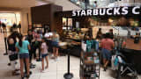 Consumers wait in line at a Starbucks location as they return to retail shopping at the Arrowhead Towne Center on June 20, 2020 in Glendale, Arizona.