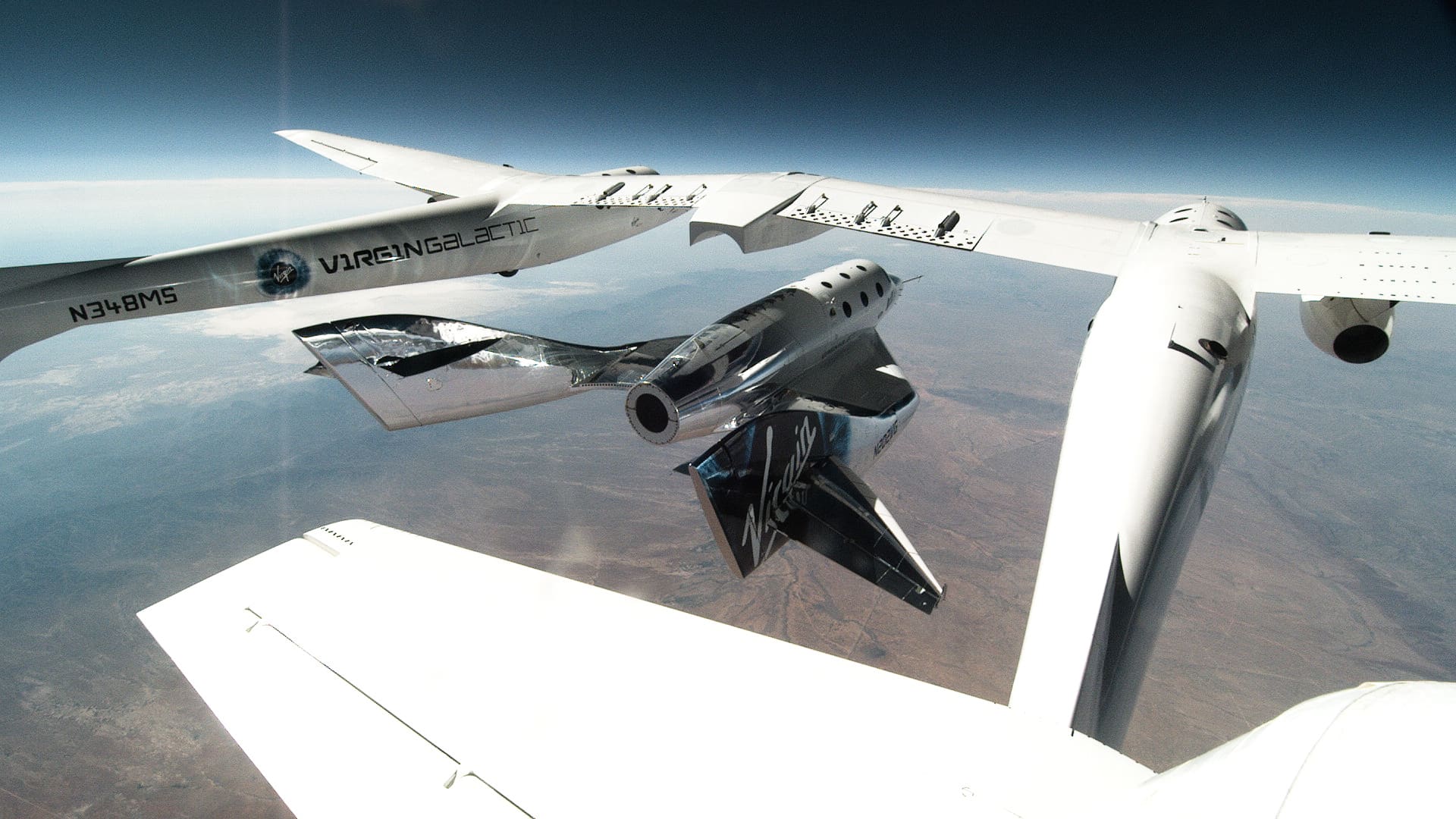 Virgin Galactic's carrier aircraft releases its spacecraft Unity during a glide flight test.