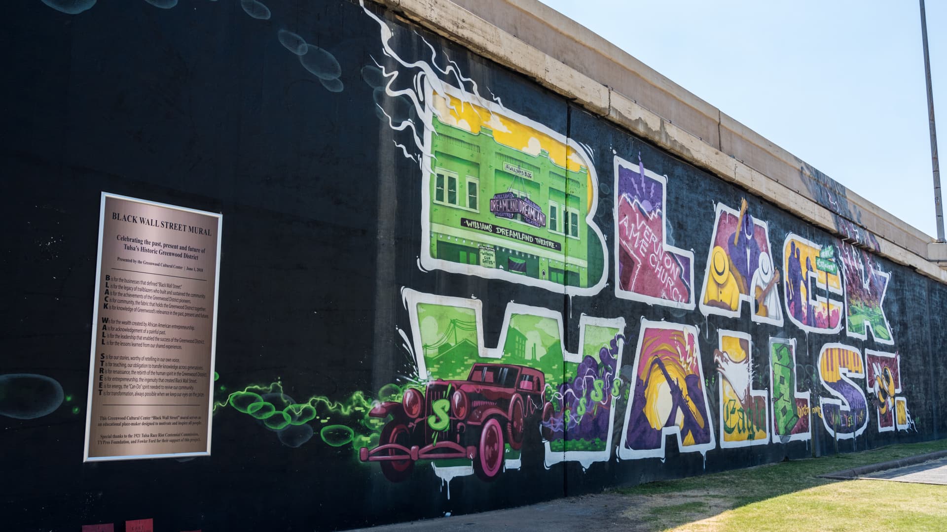 The Black Wall Street Mural in the Greenwood district of Tulsa, Oklahoma, on Friday, June 19, 2020. Greenwood, known as Black Wall Street, was one of the most prosperous African-American enclaves in the U.S. before it was burned down by a white mob in 1921.