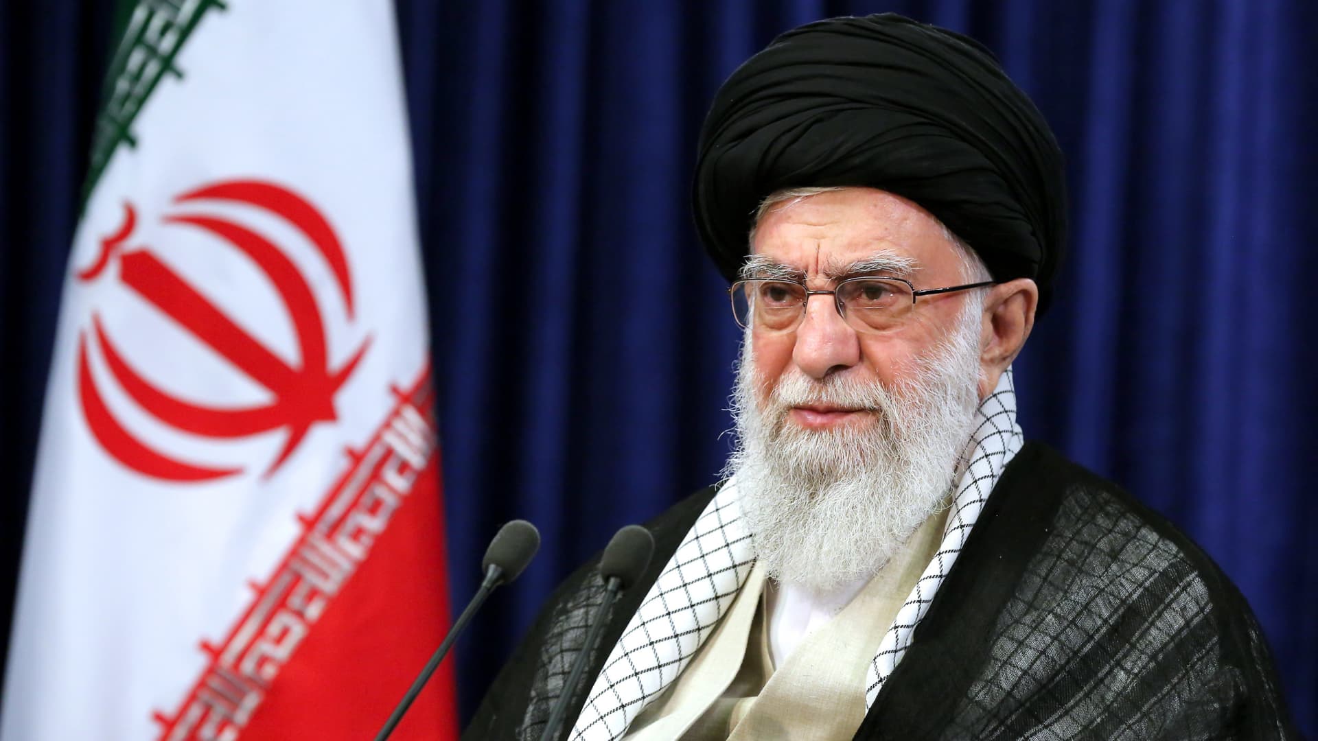 Iranian Supreme Leader Ali Khamenei speaks on the death anniversary of the leader of the Iranian revolution, Ruhollah Khomeini during a live broadcast on state television in Tehran, Iran on June 03, 2020.