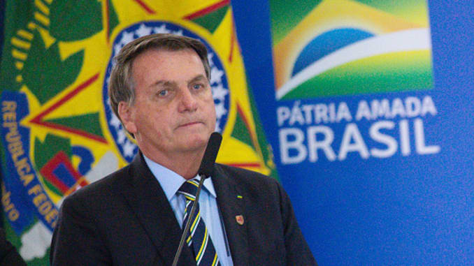 President of Brazil Jair Bolsonaro speaks during the sworn in ceremony for newly appointed Minister of Communications Fábio Faria amidst the coronavirus (COVID-19) pandemic at the Planalto Palace on June 17 2020 in Brasilia.