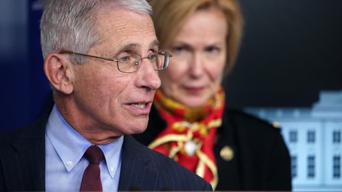 Director of the National Institute of Allergy and Infectious Diseases Anthony Fauci (L) speaks as Response coordinator for White House Coronavirus Task Force Deborah Birx looks on during the daily briefing on the novel coronavirus, COVID-19, in the Brady