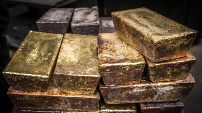 Twenty kilogram gold and silver bricks sit at the ABC Refinery smelter in Sydney, New South Wales, Australia, on Thursday, July 2, 2020.