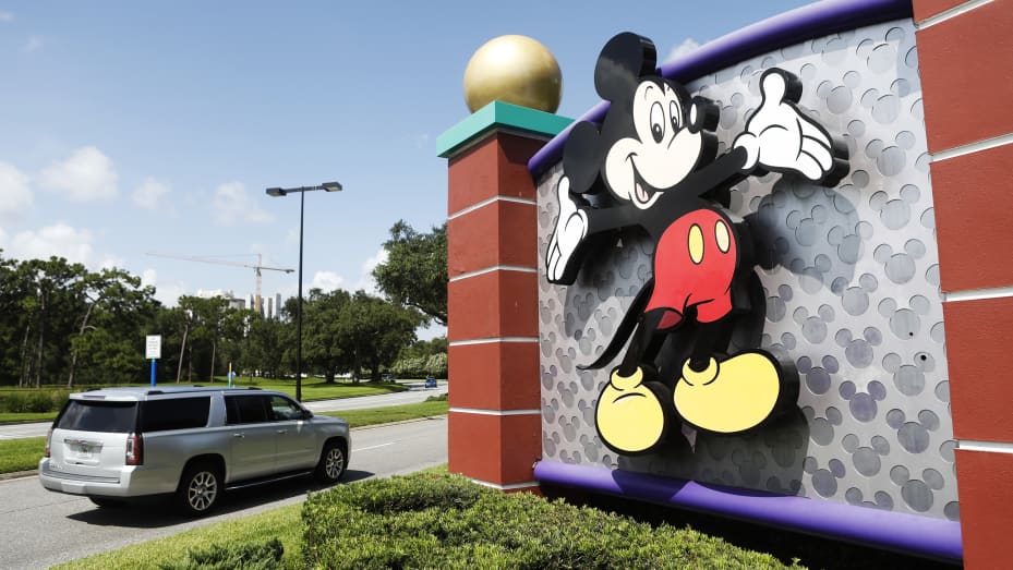 A view of Mickey Mouse at the Walt Disney World theme park entrance on July 9, 2020 in Lake Buena Vista, Florida.