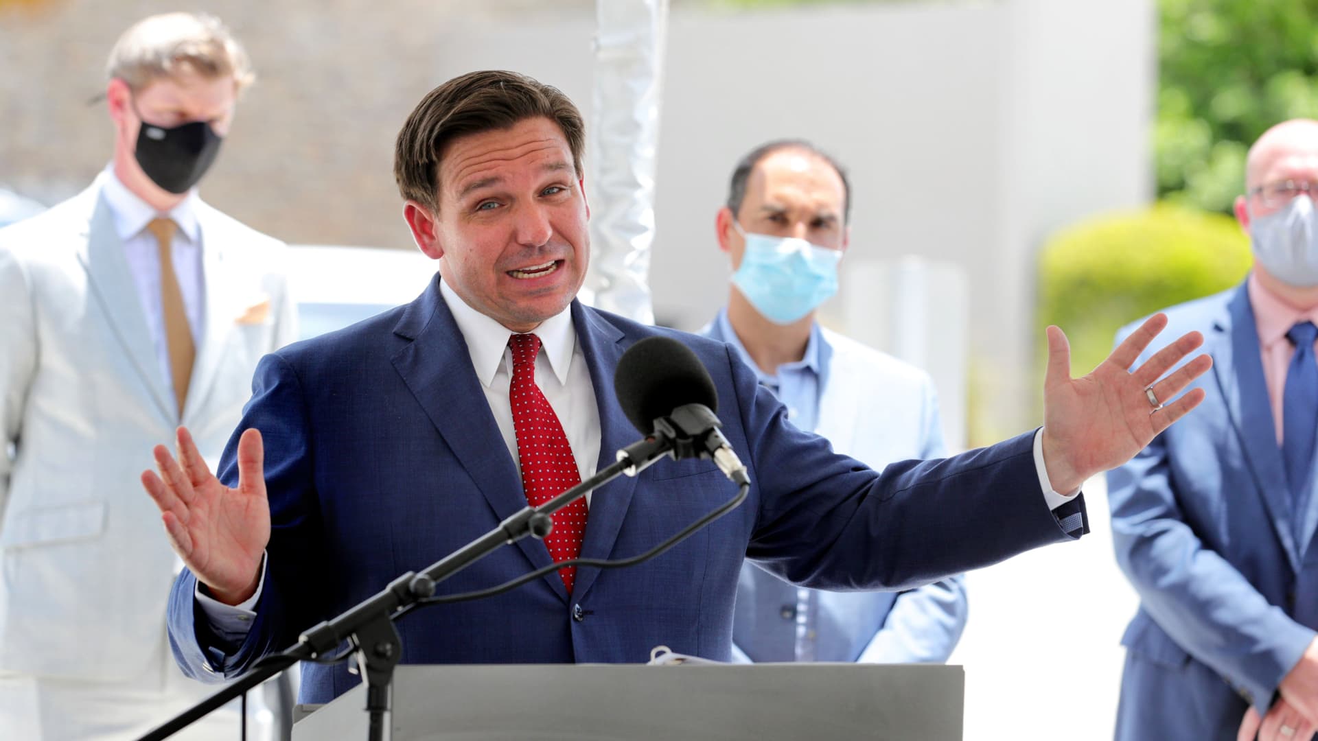 Florida Gov. Ron DeSantis gives an update on the state's response to the coronavirus pandemic during a press conference at Florida's Turnpike Turkey Lake Service Plaza, in Orlando, Friday, July 10, 2020.