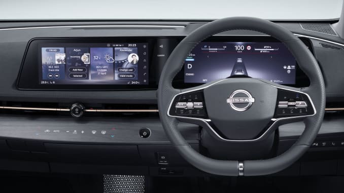 The interior of the 2021 Nissan Ariya for right-hand-drive markets such as Japan.