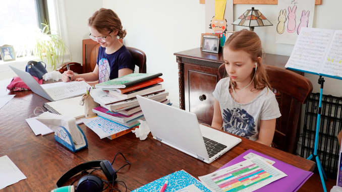 School children working from home during the Coronavirus lockdown on April 06, 2020 in New York, NY.