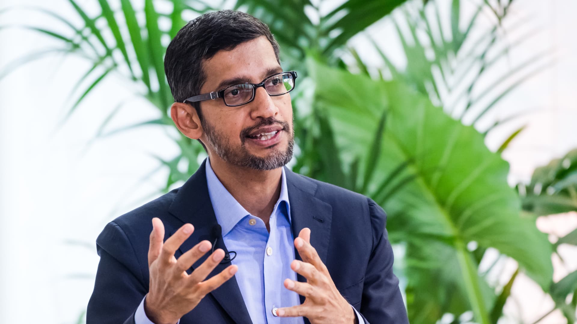 Sundar Pichai, chief executive officer of Alphabet Inc., gestures while speaking during a discussion on artificial intelligence at the Bruegel European economic think tank in Brussels, Belgium, on Monday, Jan. 20, 2020. Pichai urged the U.S. and European Union to coordinate regulatory approaches on artificial intelligence, calling their alignment critical.