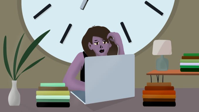 Person at computer, thinking, with stacks of books and a clock behind them.