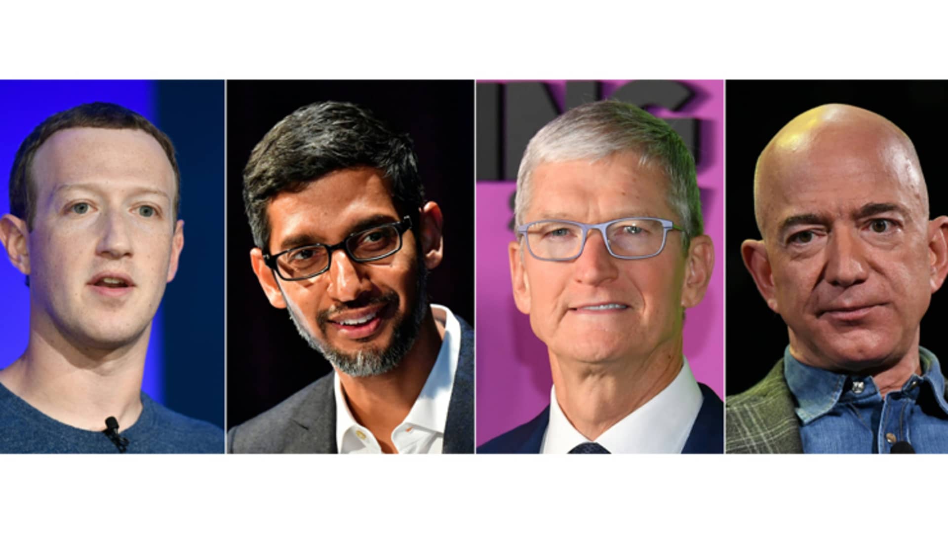 (COMBO) This combination of pictures created on July 07, 2020 shows (L-R) Facebook CEO Mark Zuckerberg in Paris on May 23, 2018, Google CEO Sundar Pichai Berlin on January 22, 2019, Apple CEO Tim Cook on October 28, 2019 in New York and Amazon Founder and CEO Jeff Bezos in Las Vegas, Nevada on June 6, 2019.
