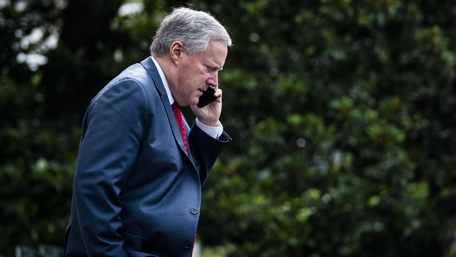White House Chief of Staff Mark Meadows follows President Donald J. Trump as he walks to board Marine One and depart from the South Lawn of the White House on Friday, July 10, 2020 in Washington, DC.
