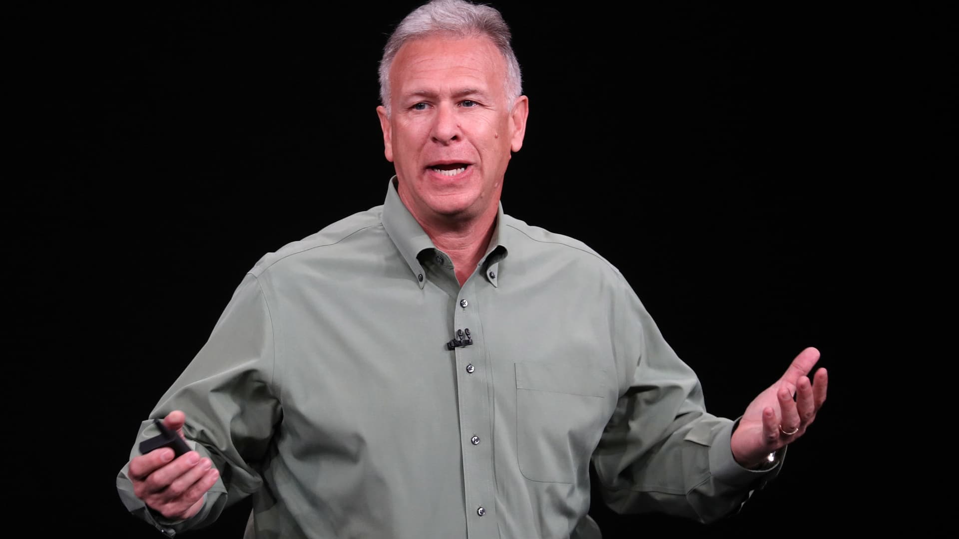 Phil Schiller, senior vice president of worldwide marketing at Apple Inc., speaks at an Apple event at the Steve Jobs Theater at Apple Park on September 12, 2018 in Cupertino, California.