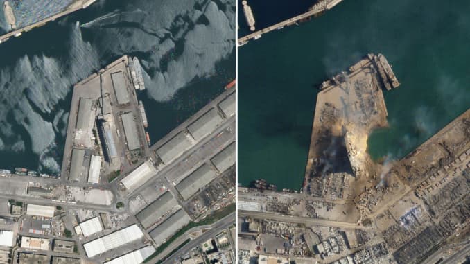 A before (L) and after satellite image after a massive explosion in Beirut, Lebanon.