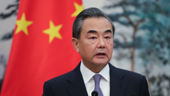 Chinese State Councilor and Foreign Minister Wang Yi speaks at a joint press conference with French Foreign Affairs Minister Jean-Yves Le Drian in Beijing, China on September 13, 2018.
