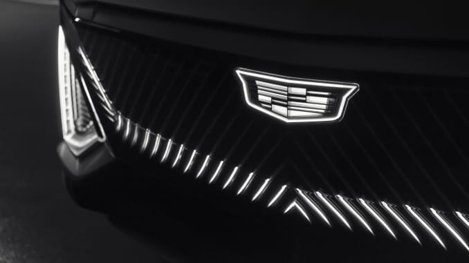 The illuminated Cadillac crest on the Lyriq show car.