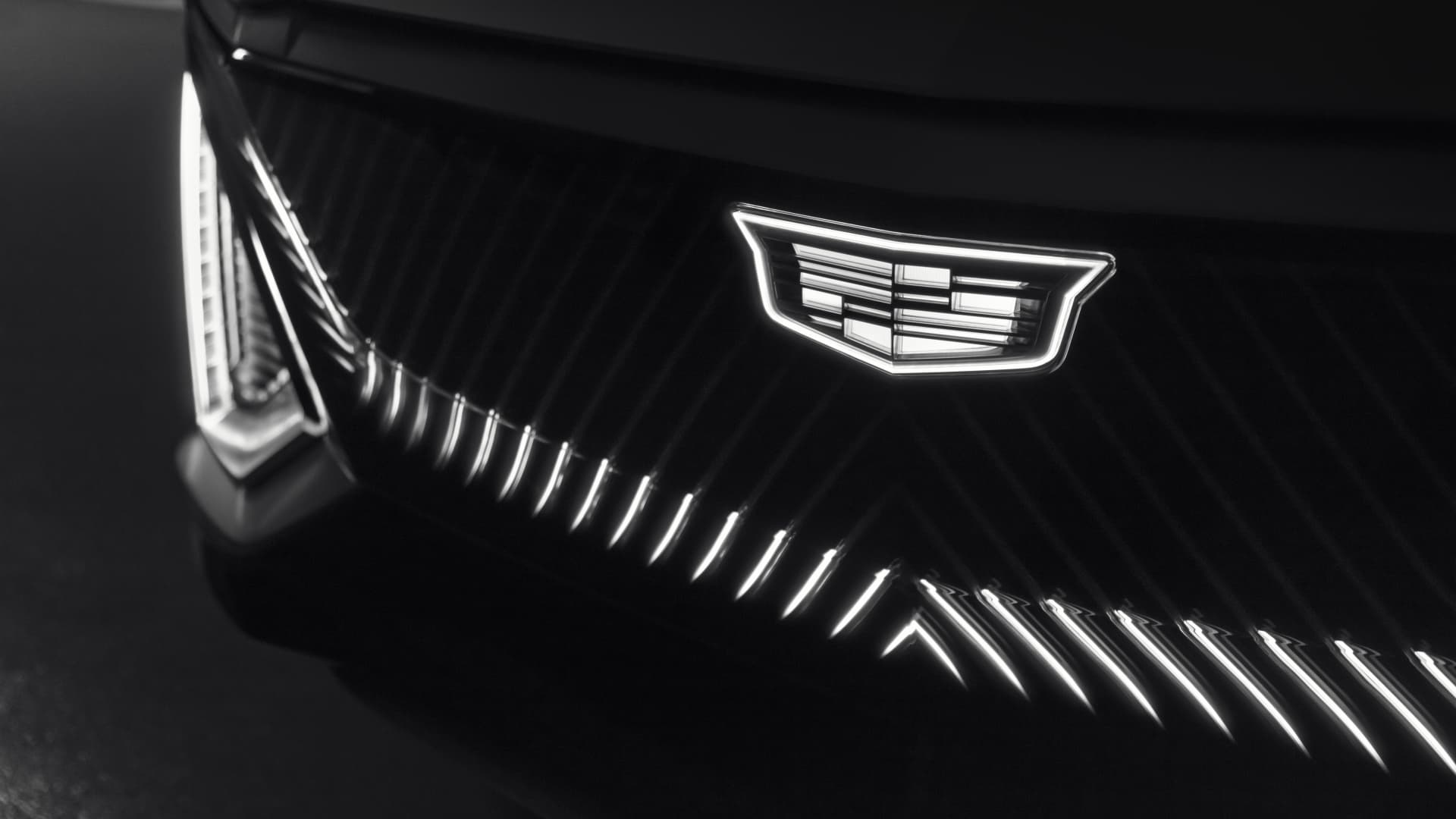 The illuminated Cadillac crest on the Lyriq show car.