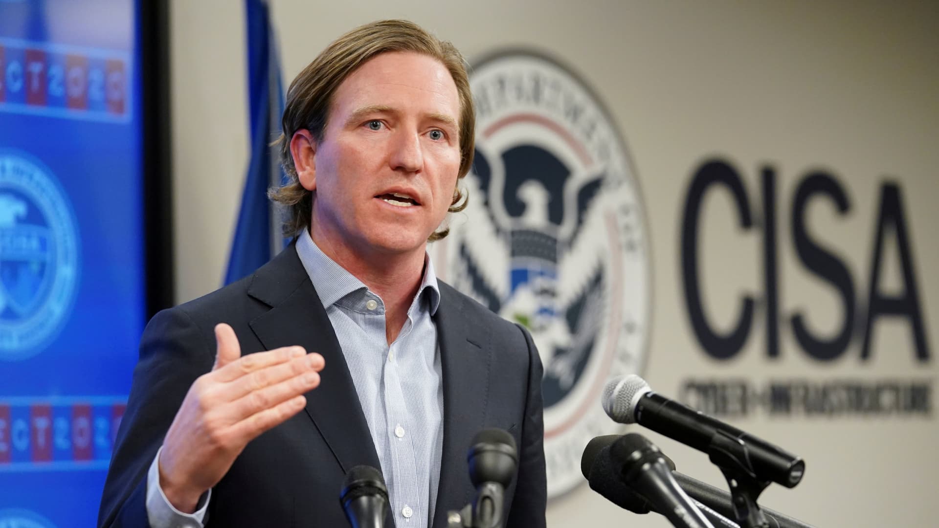 U.S. Cybersecurity and Infrastructure Security Agency (CISA) Director Christopher Krebs speaks to reporters at CISA’s Election Day Operation Center on Super Tuesday in Arlington, Virginia, U.S., March 3, 2020.
