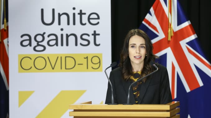 Prime Minister Jacinda Ardern speaks to media at a press conference ahead of a nationwide lockdown at Parliament on March 25, 2020 in Wellington, New Zealand.