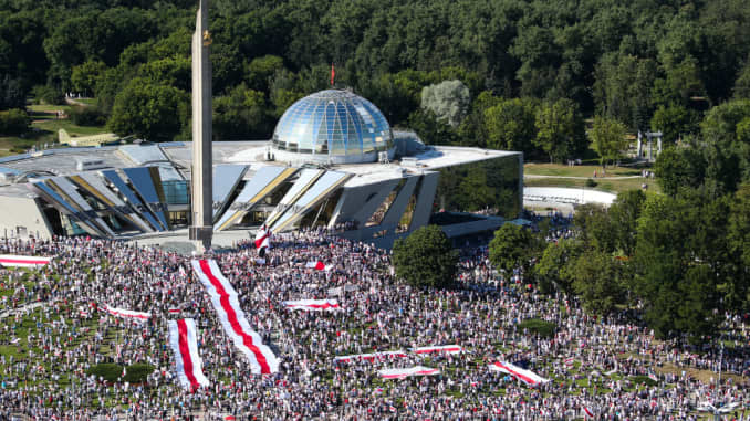 Protesters gather for a rally at the Minsk Hero City Obelisk. Exit poll figures announced on August 9 after the Belarusian presidential election have sparked mass protests and unrest across several cities. August 16, 2020.