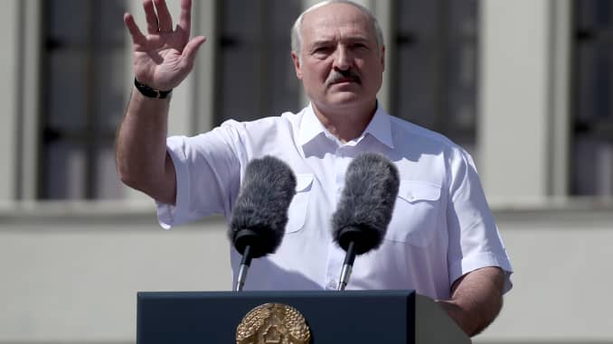 Belarus' President Alexander Lukashenko gives a speech during a rally of his supporters in Independence Square. Following the announcement of the election results on 9 August, mass protests have been held in Minsk and other cities across Belarus.