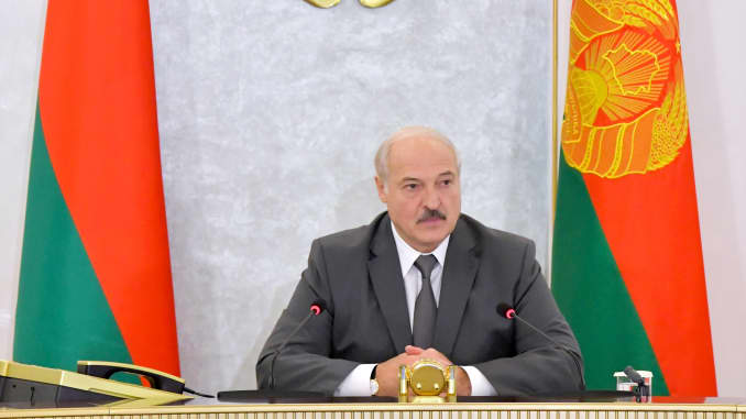 Belarus' President Alexander Lukashenko holds a meeting with members of the Security Council of Belarus.